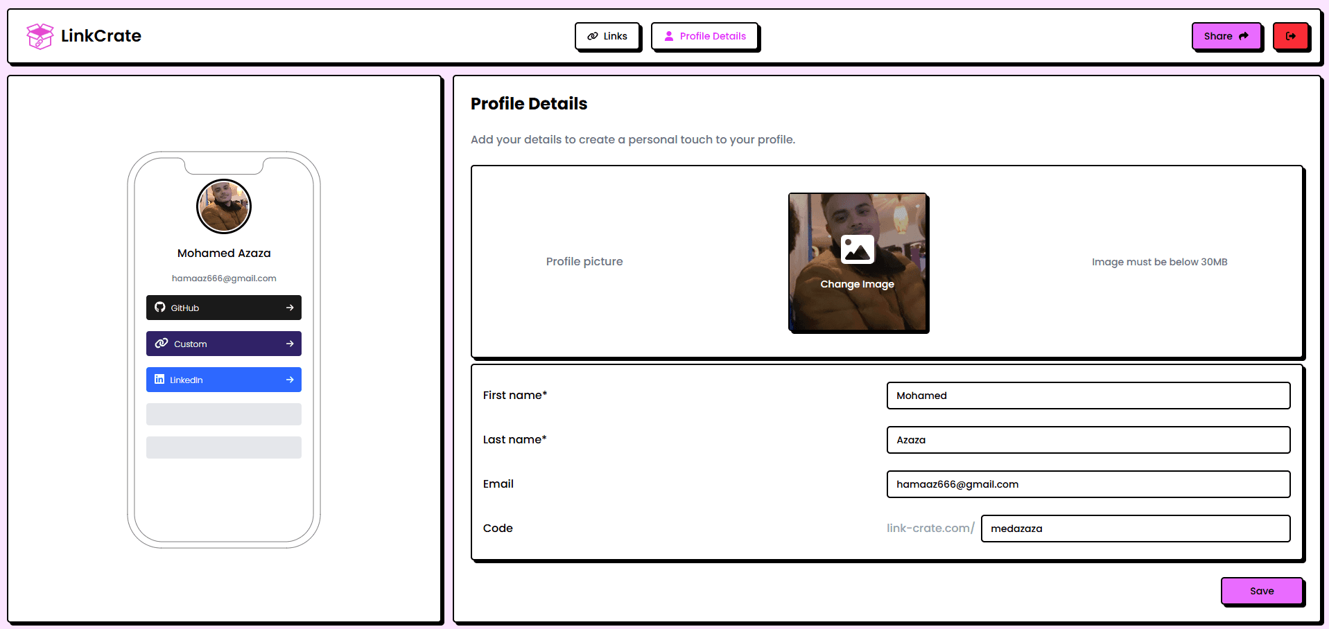 LinkCrate profile details and image upload screen