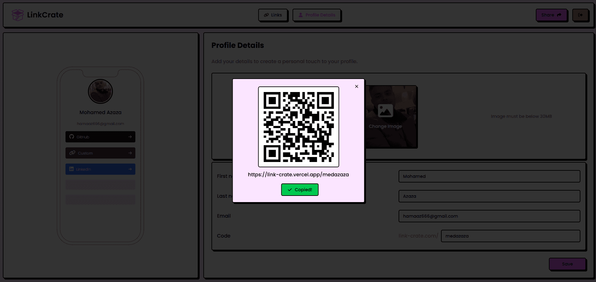 LinkCrate QR code sharing modal