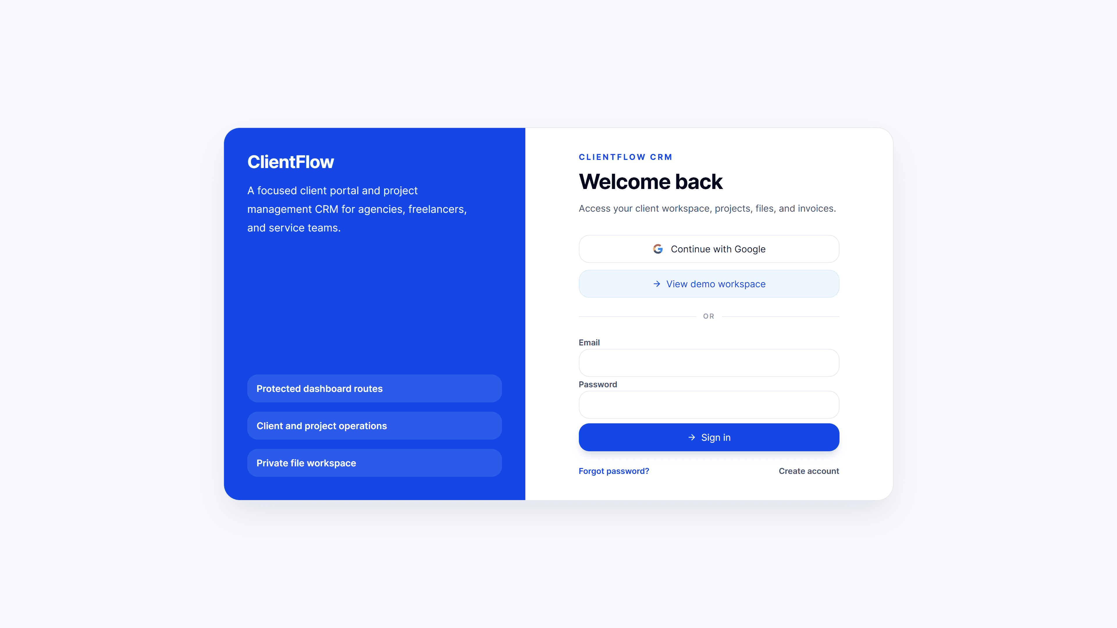 Login page with Supabase auth, Google sign-in, and one-click demo workspace access