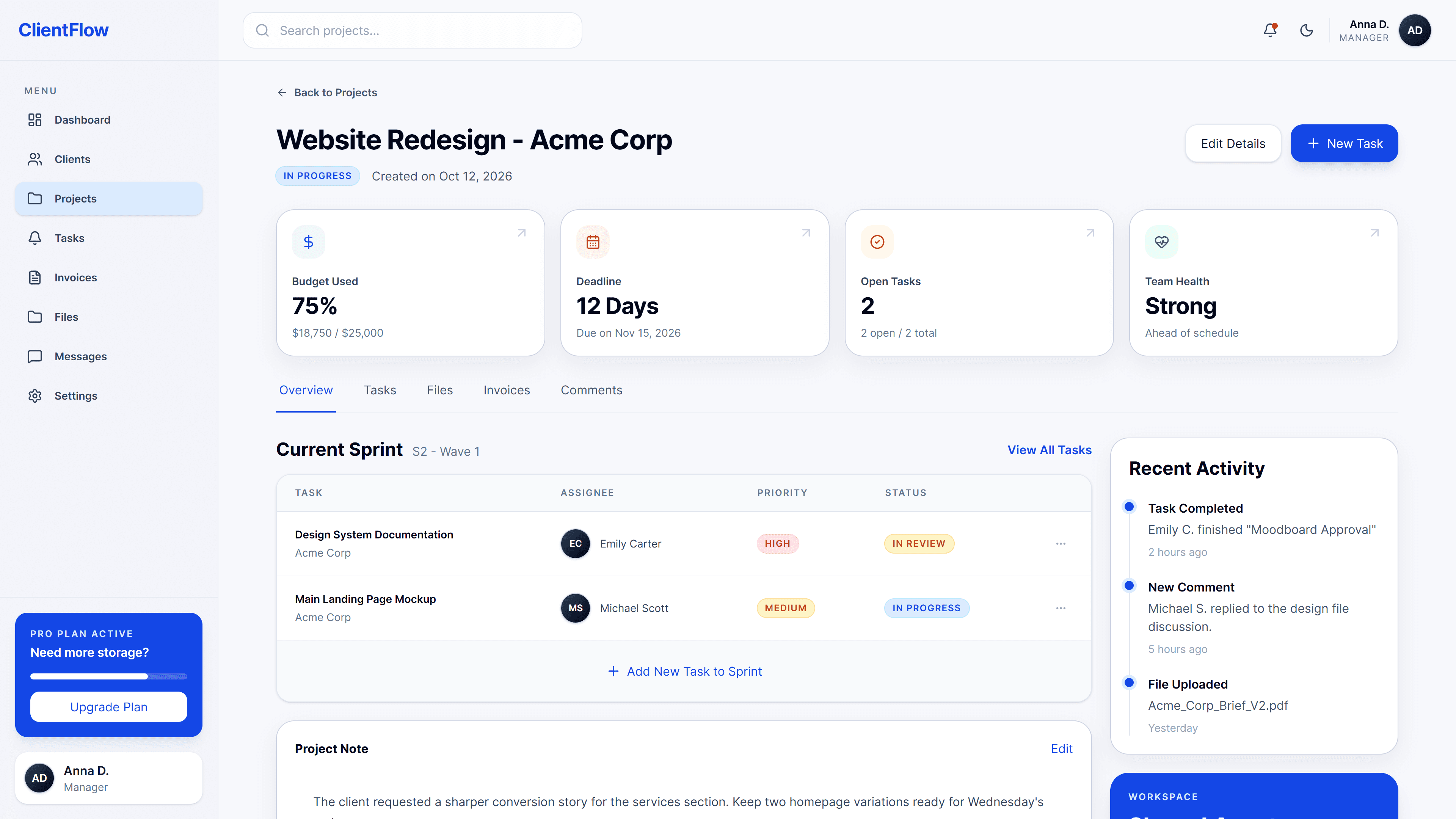 Project detail workspace with budget usage, sprint tasks, activity, and project notes