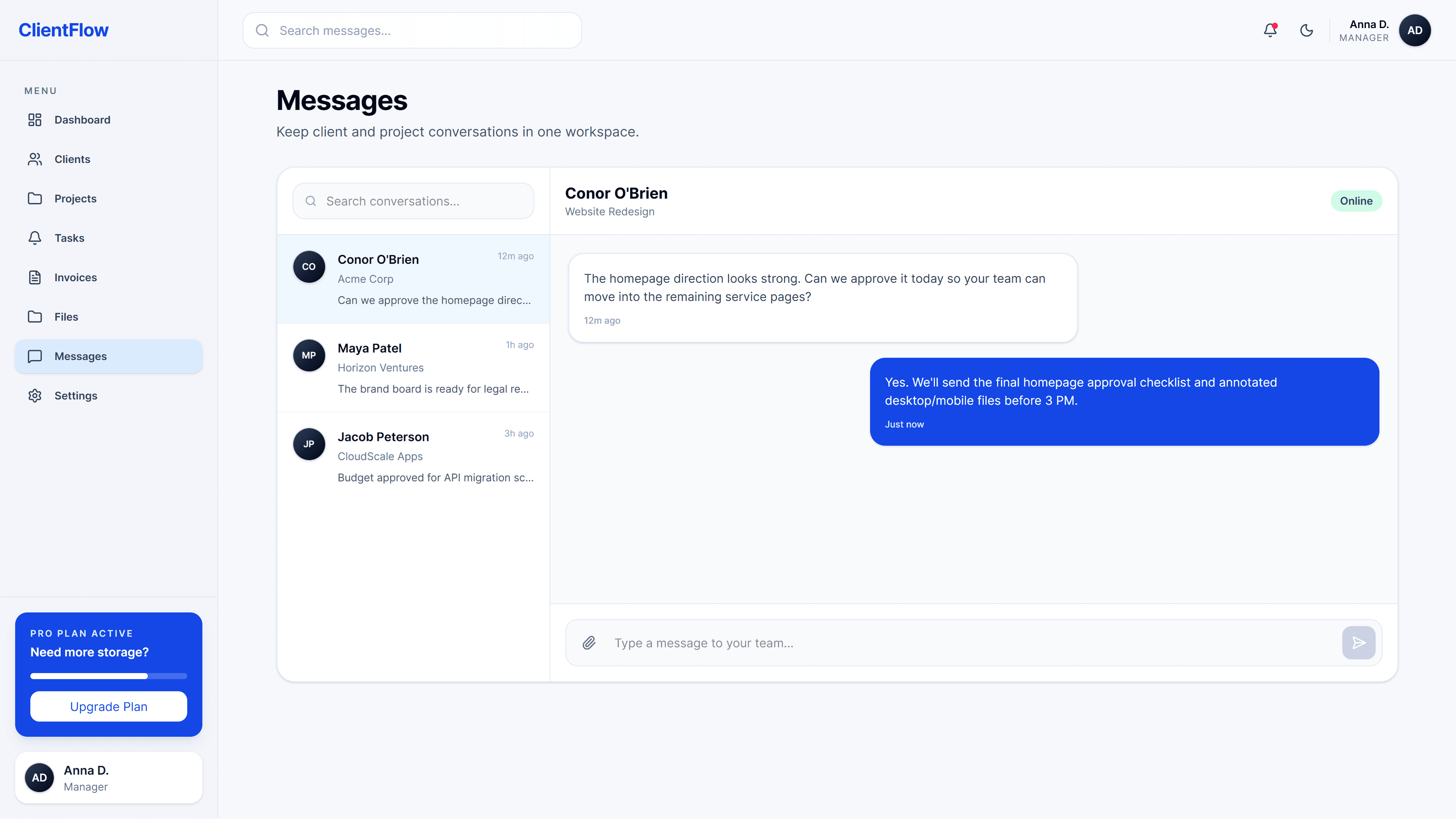 Client communication inbox with conversations, messages, and reply composer